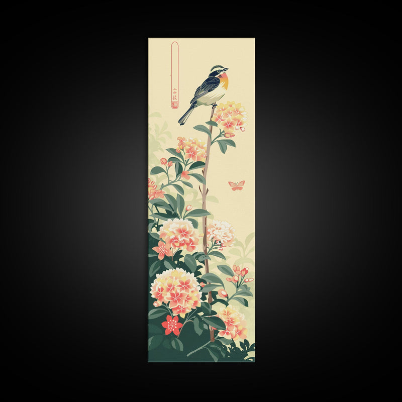 Bird Perched On Floral Branch With Butterfly Ukiyo-e Art Framed Canvas Print Japanese Style Tall Art Wood Block Print Skinny Art