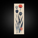 Minimalist Tulips In Red And Gray On Beige Background Framed Canvas Print Ukiyo-e Art Wood Block Print Japanese Style Skinny Art Tall Art