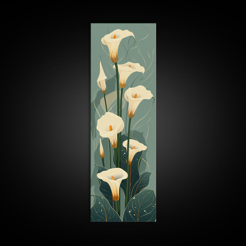 White Calla Lilies on Green Background, Tall Framed Canvas Print in Japanese Ukiyo-e Style Wall Art