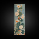 Tall White Blooms with Large Leaves on Blue Background, Framed Canvas Print in Japanese Art Style
