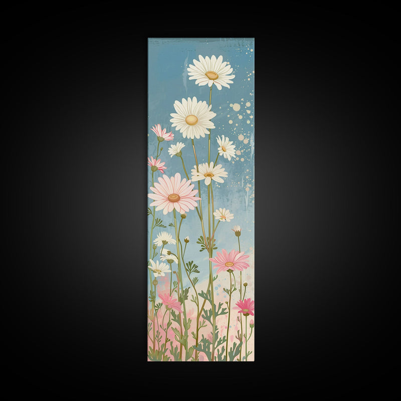 White Daisies Blossoms Japanese Tall Wall Art Blue Background Skinny Framed Canvas Print Ukiyo-e Style