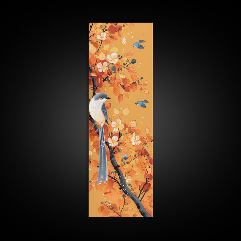 Birds Among Autumn Leaves Japanese Style Tall Wall Art Skinny Framed Canvas Print Woodblock Print