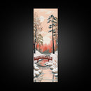 Serene Japanese Winter Landscape Highlighting A Red Bridge Snow-Covered Pines Under A Peaceful Sky Tall Framed Canvas Print Nature Scene