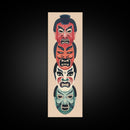 Bold Striking Japanese Kabuki Masks Vibrant Colors Depicted Traditional Style Tall Framed Canvas Print Cultural Home Decor