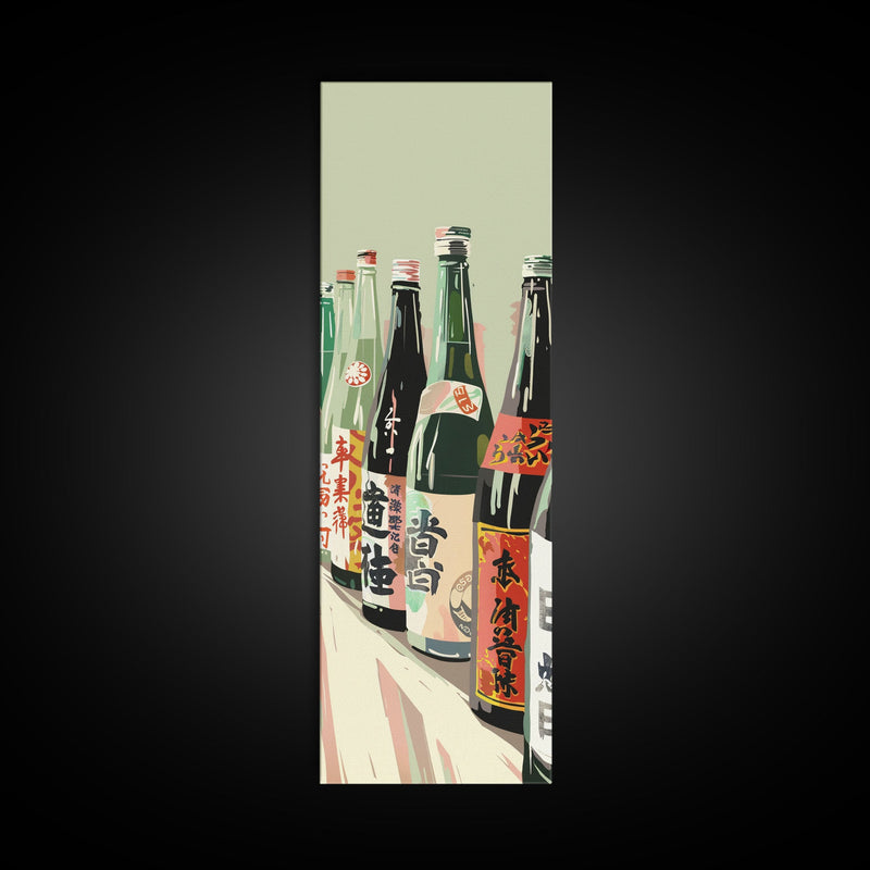 Array Of Japanese Sake Bottles With Minimalistic Labels Arranged Simple Composition Captured Tall Framed Canvas Print Bar Decor