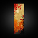 Dramatic Red Autumn Leaves Against Golden Sky Depicted Japanese Style Tall Framed Canvas Print Seasonal Wall Art