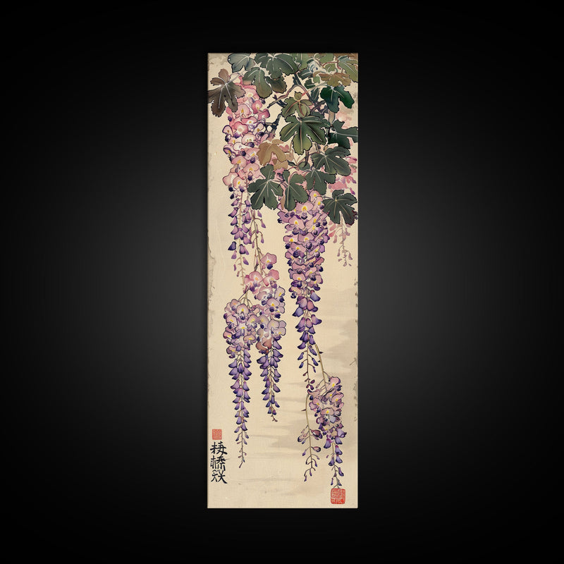 Wisteria Flowers Dangling Gracefully on a Textured Canvas Ukiyo-e Art Japanese Framed Canvas Print Skinny Tall Art