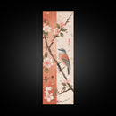 Japanese Bird Art Skinny Wall Art Framed Canvas Print Perched Bird on Branch with Cherry Blossoms and Petals in Soft Pastel Colors