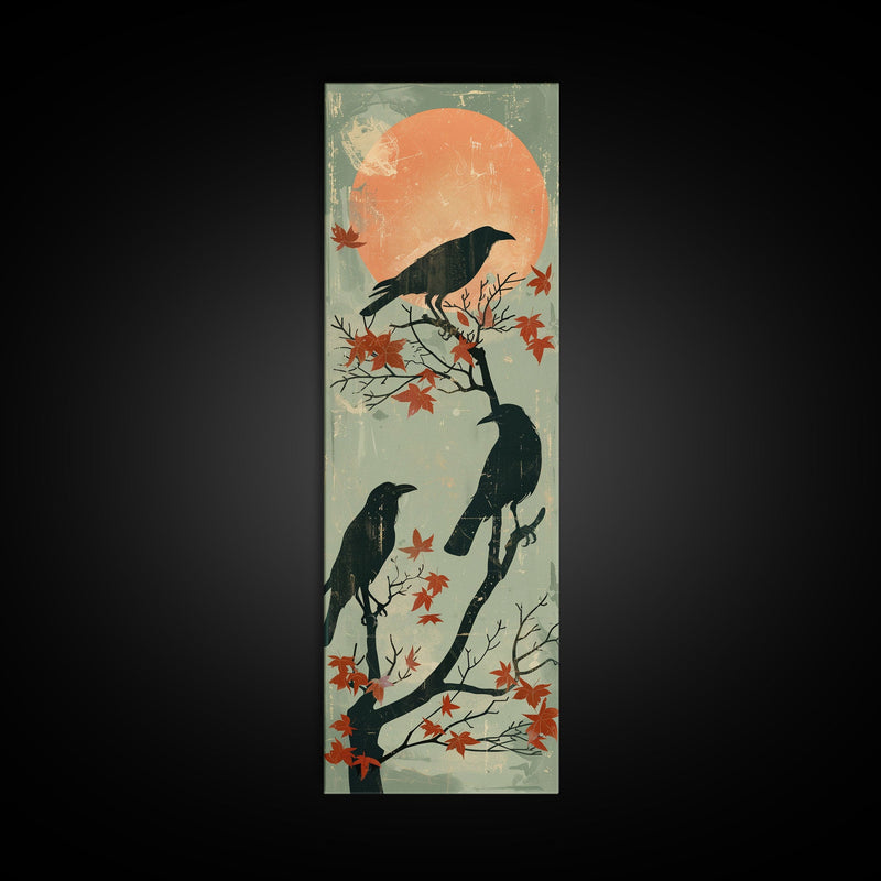 Black Crows Japanese Art Skinny Wall Art Framed Canvas Print on Branches with Red Maple Leaves Against Warm Orange Sun