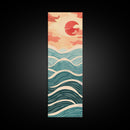 Ocean Waves and Red Sun Japanese Art Skinny Wall Art Framed Canvas Print in Minimalist Style with Dynamic Flowing Waves