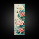 Japanese Style Art, Skinny Art, Tall Art, Peonies In Bloom Wood Block Print Framed Canvas Print Ukiyo-e Art