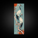 Pair Of Cranes Perched On Branch Against Orange Sun Background Skinny Art Wood Block Print Framed Canvas Print