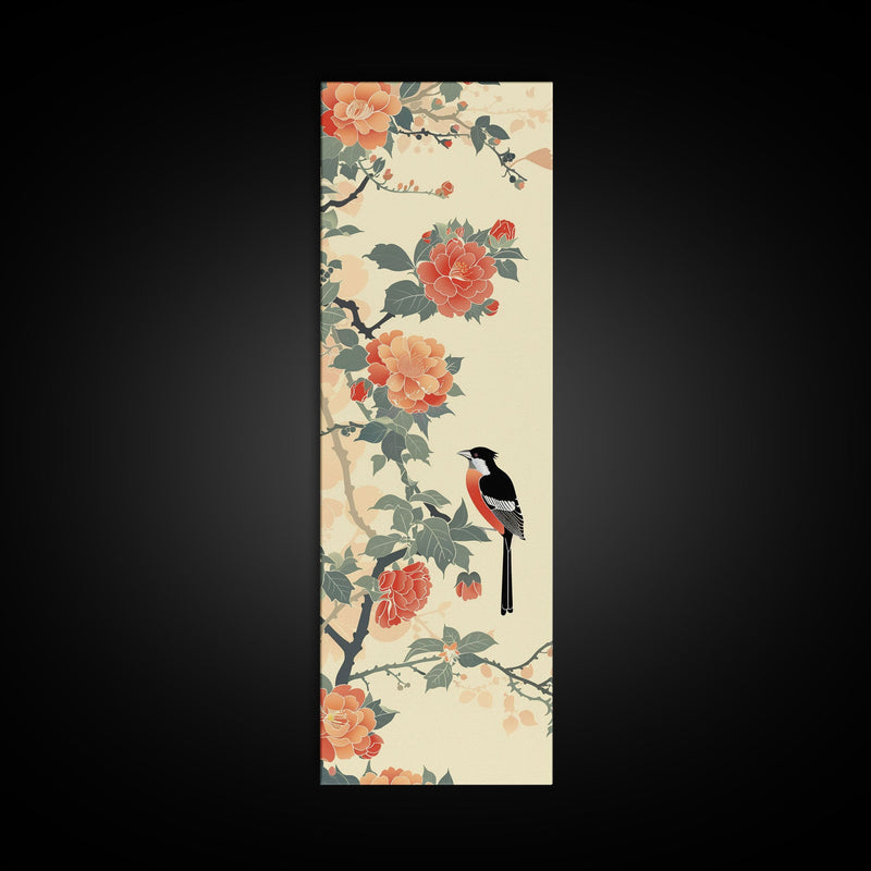 Bird Among Camellia Flowers On Light Background Skinny Art Ukiyo-e Wood Block Print Framed Canvas Print