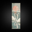 Graceful Swans With Peaceful Lake And Reflecting Sun Ukiyo-e Wood Block Skinny Tall Japanese Style Art Framed Canvas Print