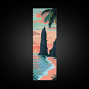 Towering Coastal Rock Formation During Sunset With Palm Trees For Serene Beach Wall Art Japanese Style Framed Canvas Print