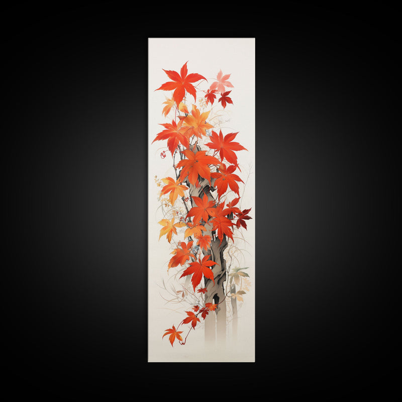 Brilliant Red Leaves On A Twisted Tree, Framed Canvas Print In Skinny Tall Style, Ideal For Feng Shui Wall Art In Japanese Style Art