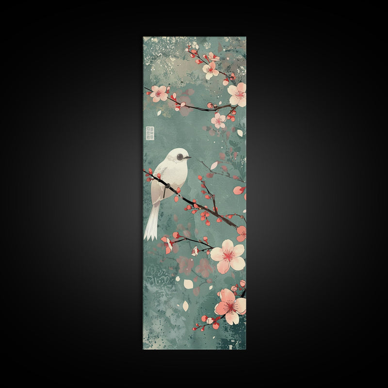 White Bird Perched On A Branch With Blossoms â€“ Framed Canvas Print Combining Skinny Art And Tall Art Inspired By Ukiyo-E Art And Japanese Style Art