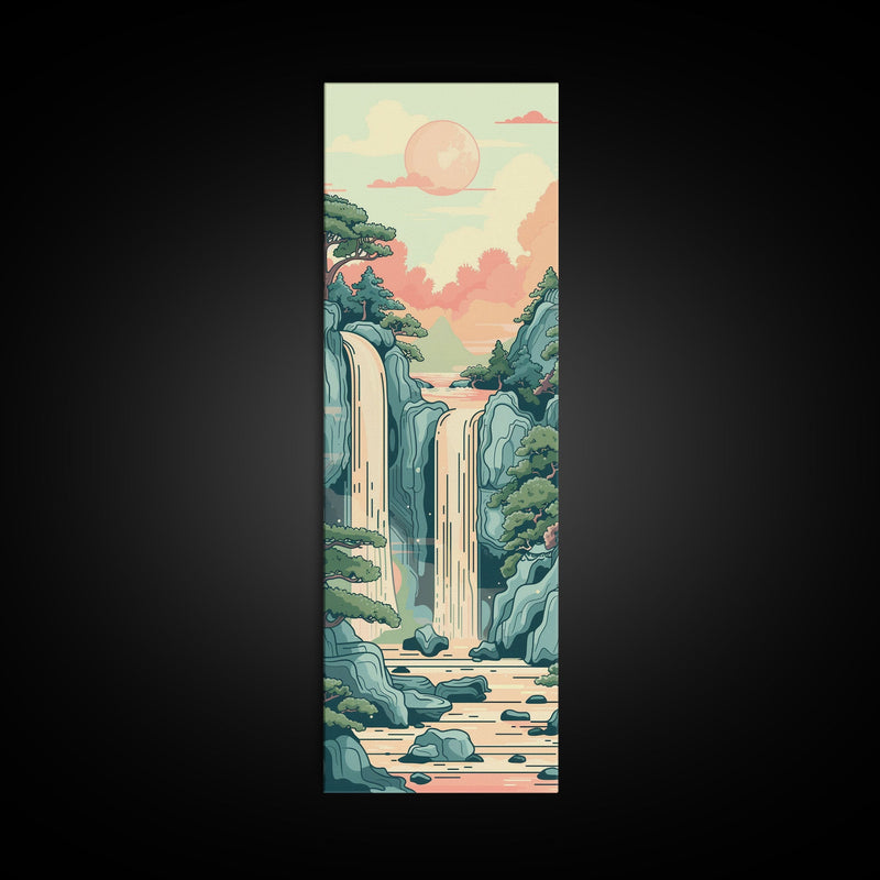 Waterfall With Scenic Landscape - Skinny Art Tall Art Framed Canvas Print Japanese Style Art Ukiyo-e Art