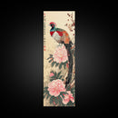 Majestic Pheasant Among Blossoms And Red Berries In Traditional Ukiyo-e Art Framed Canvas Print Japanese Style Skinny Art Tall Art