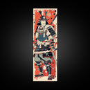 Tall Skinny Art Japanese Style Wood Block Print Samurai Warrior In Full Armor On A Red Background For Framed Canvas Print In Ukiyo-e Style