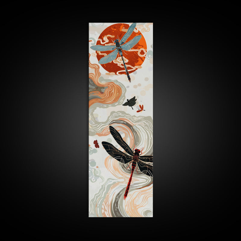 Vivid Dragonflies against Bold Red Sun with Flowing Clouds - Skinny Art, Japanese Wall Decor, Framed Canvas Print, Ukiyo-e Style