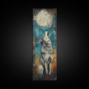Full Moon Howling Wolf Canvas Print moody art, celestial wall art, nighttime painting, rustic decor, mountain painting, above bed wall art, blue and green wall art, bedroom art, southwest wall art