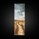 Serene Rural Path Framed Canvas Print landscape painting, farmhouse art, above couch art, rustic wall art, wabi sabi art, extra wide art, panoramic art, warm neutral wall art, barn landscape oil painting