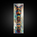 Totem Pole Framed Canvas Print tribal art rustic decor abstract painting blue and green wall art moody art tall narrow art unique wall art