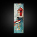 Red Boathouse Coastal Scene Framed Canvas Print | Nautical Decor | Seascape Painting | Rustic Wall Art | Coastal Painting