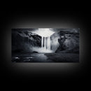 Powerful Waterfall Mist, nature wall art, moody art, mountain painting, black and white photography, dramatic landscape, framed canvas print