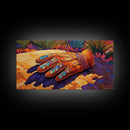 Embroidered Leather Glove, cowboy painting, rustic decor, western art, textured painting, colorful art, vibrant rustic scene, canvas print