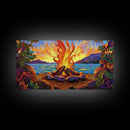 Campfire by Lake, bonfire painting, rustic wall art, mountain painting, framed canvas print, above sofa art, cozy night decor