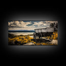 Seaside Wagon, coastal decor, nautical wall art, Maine oil painting, rustic wall art, landscape painting, extra wide art, framed canvas print