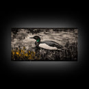 Loon Water Bird, Black and White Painting, Rustic Wildlife Art, Nature Wall Art, Lake House Decor, Framed Canvas Print, Extra Wide Art