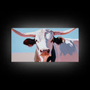 Bull And Bear Art, Rustic Wall Art, Farmhouse Art, Vintage Western Painting, Coastal Cowgirl Art, Framed Canvas Print, Above Couch Art