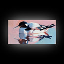 Waterfowl Reflection, bird art, lake Tahoe art, coastal painting, wildlife decor, pink orange wall art, framed canvas print