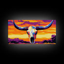 Skull, bull, desert art, cowboy decor, boho wall art, moody sunset, extra wide art, rustic decor, framed canvas print