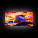 Cowboy hat, western decor, rustic style, bold colors, country aesthetic, southwest wall art, moody sunset, framed canvas print