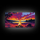 Bonfire, lakeside evening, autumn wall art, warm sunset painting, outdoor adventure art, extra wide art, framed canvas print