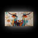Vibrant Bull Art, rustic decor, extra wide art, farmhouse art, bold color wall art, southwestern painting, framed canvas print, modern rustic art