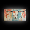 Longhorn Skull Art, southwest wall art, boho art, rustic decor, skull art, extra wide art, wabi sabi art, framed canvas print, farmhouse art