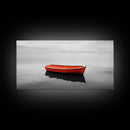 Lone Red Boat, coastal wall art, seascape painting, nautical decor, minimalist art, black and white photography, above couch art, Framed Canvas Print