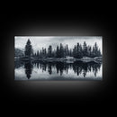 Pine tree reflection, moody art, mountain painting, pine tree art, rustic decor, panoramic art, extra wide art, framed canvas print