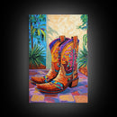 Painted Boots, coastal cowgirl wall art, vibrant rustic decor, colorful western art, cowboy art, southwest wall art, framed canvas print, gift idea