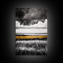 Moody Landscape, dramatic clouds, black and white, gold fields, panoramic art, rustic decor, framed canvas print, extra wide art