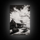 Vintage Barn, Rustic Landscape, Canvas Print, farmhouse art, rustic wall art, barn landscape oil painting, moody art, above couch art, wabi sabi art