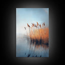 Lake Reeds Reflection, wabi sabi art, minimalist art, coastal decor, coastal landscape art, nautical painting, Framed Canvas Print