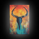Bull skull painting, rustic wall art, western wall art, teal wall art, boho art, framed canvas print, farmhouse art, gift idea him