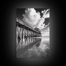 Pier reflection, seascape painting, nautical decor, rustic wall art, black and white photography, extra wide art, framed canvas print
