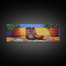 Floral Cowboy Boots, boho art, chicano art, whimsical art, southwest wall art, western decor, pink orange wall art, Framed Canvas Print
